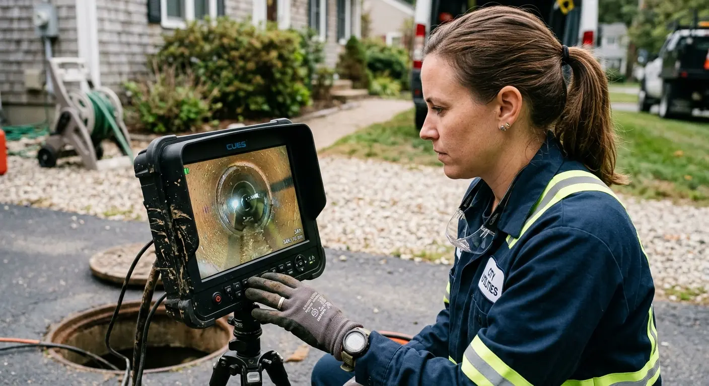 Technician reviewing sewer camera inspection footage in Muhlenberg