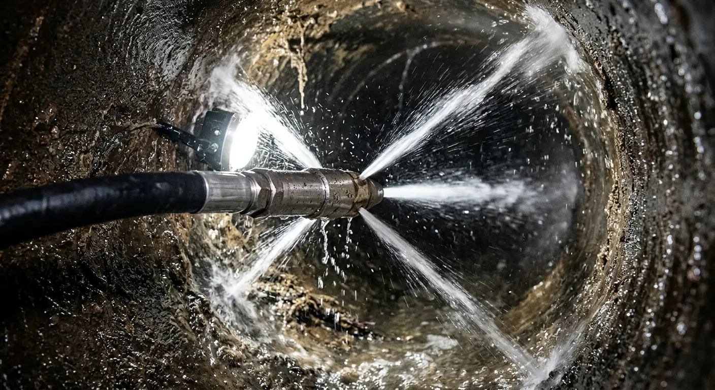 High-pressure hydro jetting nozzle cleaning sewer pipe for Trenchless Sewer Repair in Muhlenberg