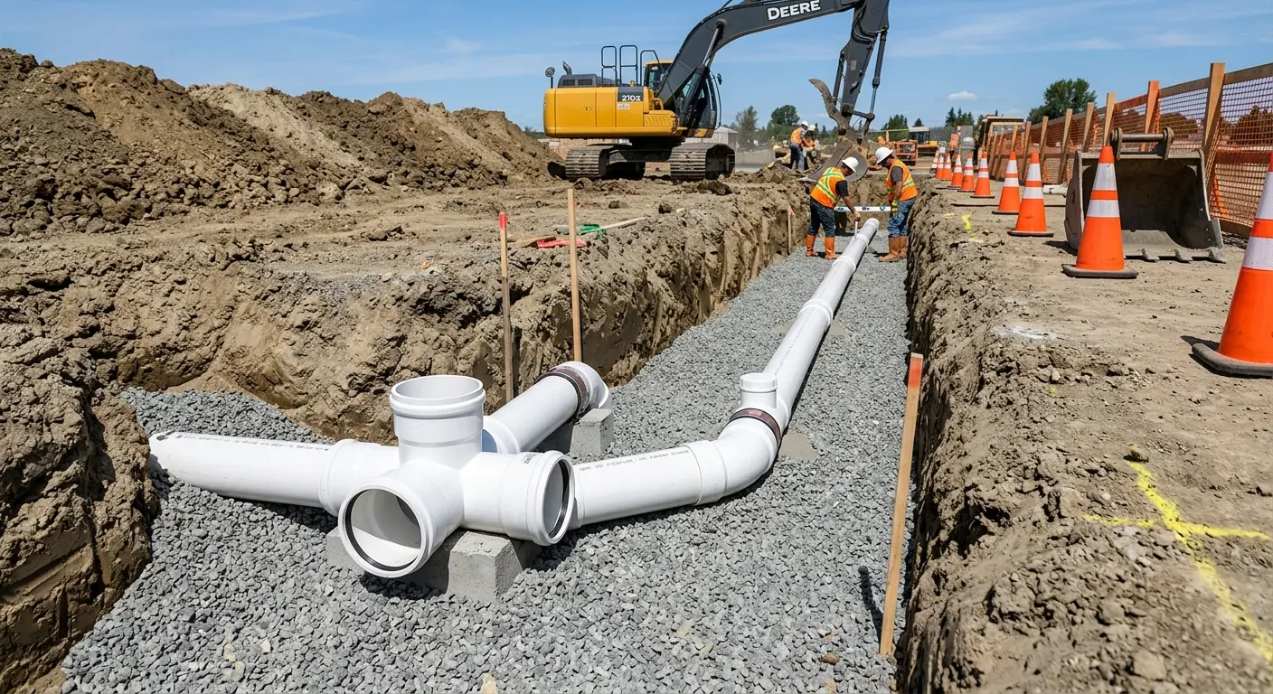 New PVC sewer pipe installation in open trench for Commercial Drain Cleaning in Muhlenberg