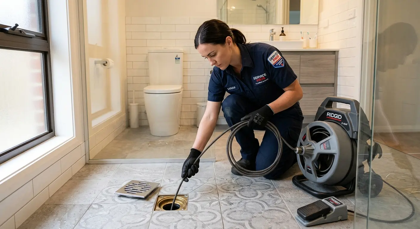 Technician clearing a bathroom floor drain for Clogged Drain Repair in Muhlenberg